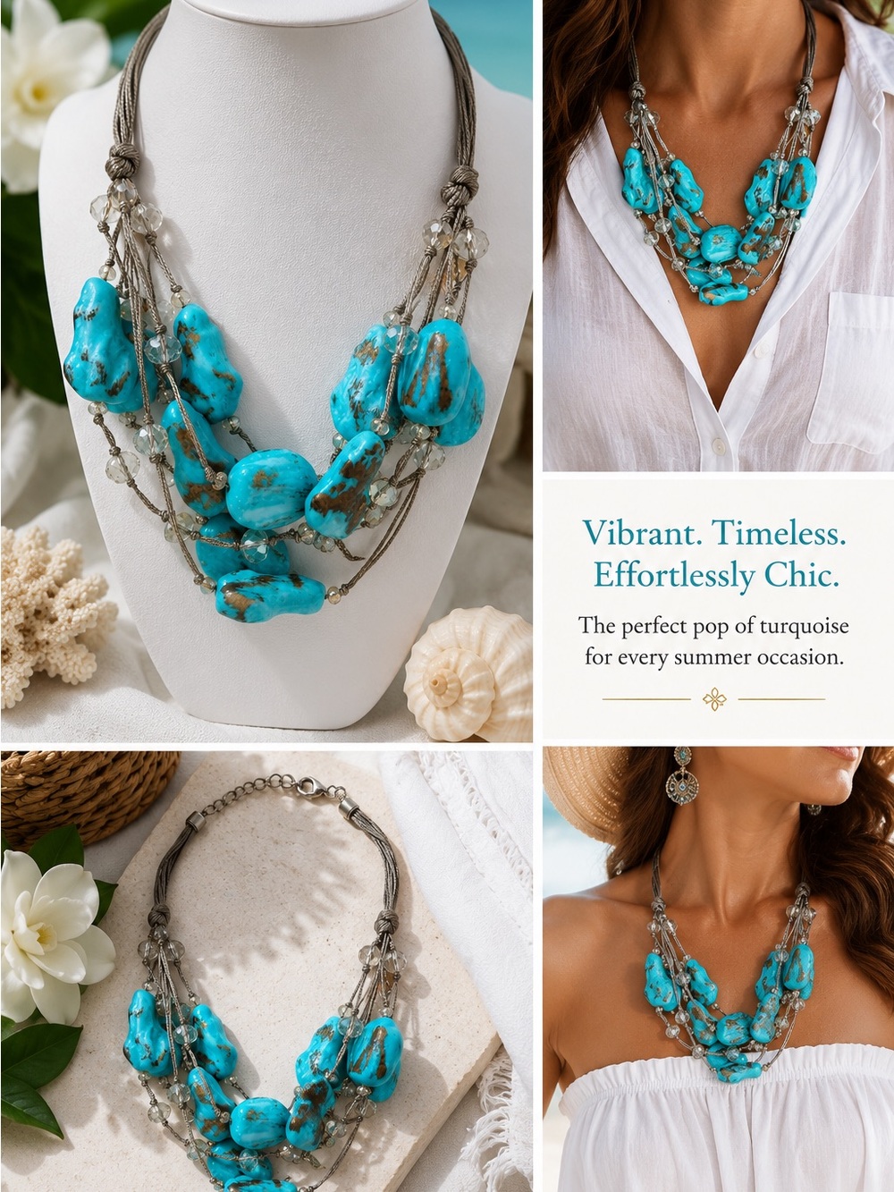 Boho Faux Turquoise Multi Strand Statement Bib Necklace Crystal Beads
